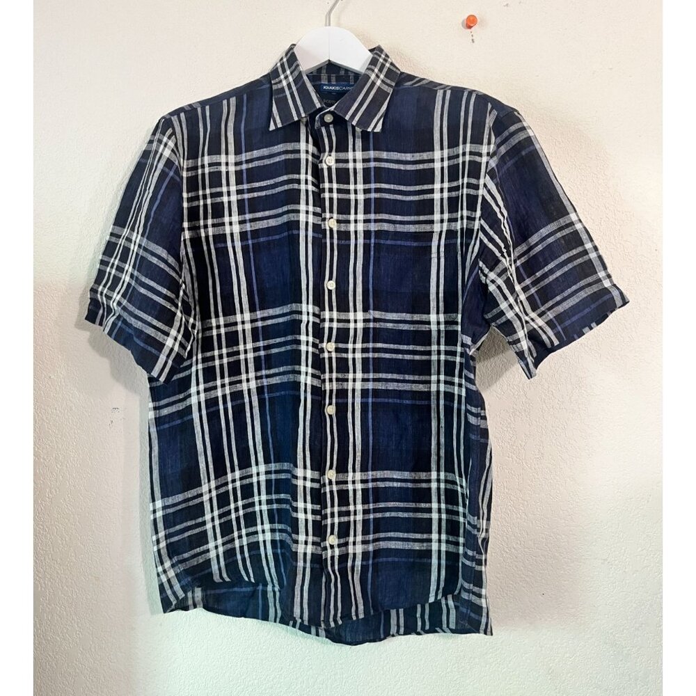 Scott Barber Mens Plaid Linen KhakisCarmel Button-Down Shirt Large Navy Casual
